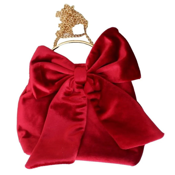 New Alessia Red Velvet Bow Detachable Cross Body Chain Hoop Handle Handbag Purse - Picture 1 of 4